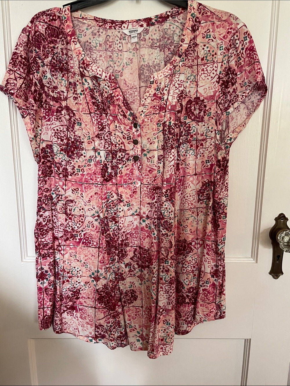 Sonoma Pink and Burgundy Floral Tile-Print Short Sleeve Tunic